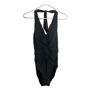 Miraclesuit womens one piece neck tie ruffle front black fits Small to medium